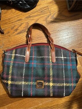 Dooney & Bourke Multicolor Plaid Satchel with Brown Leather Handles
